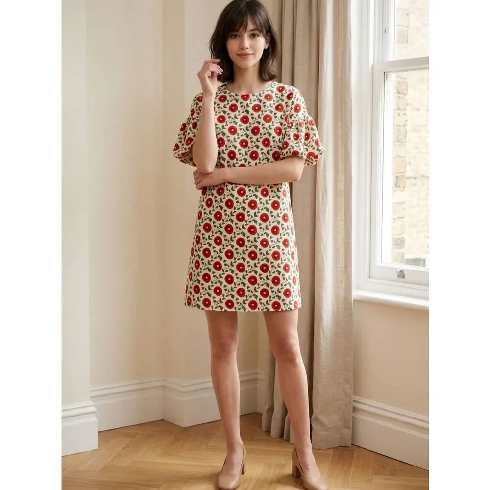 🔸️NWT Compania Fantastica Cream & Red Floral Bubble Sleeve Dress Large